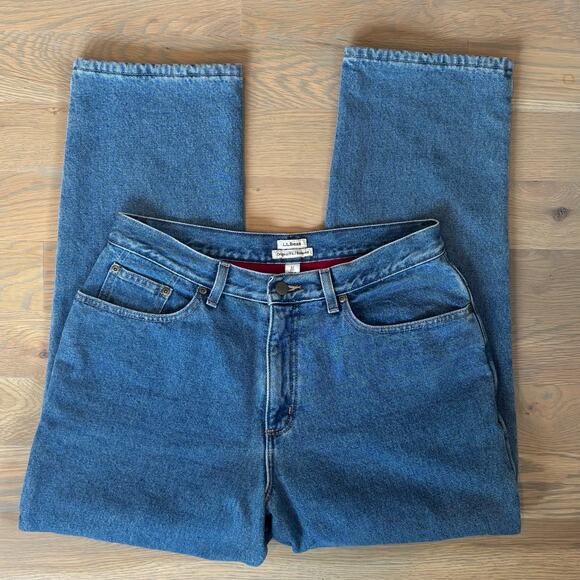 LL Bean Original Fit Relaxed Jeans Red Fleece Lined Straight Womens 12 Petite - Picture 2 of 8
